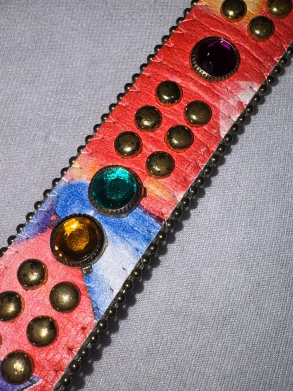 Vintage Rainbow Studded Rhinestone Belt Abstract Brass Buckle